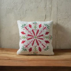 Snowflake Pattern Hooked Wool Pillow, 16" sq.