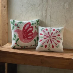 Snowflake Pattern Hooked Wool Pillow, 16" sq.