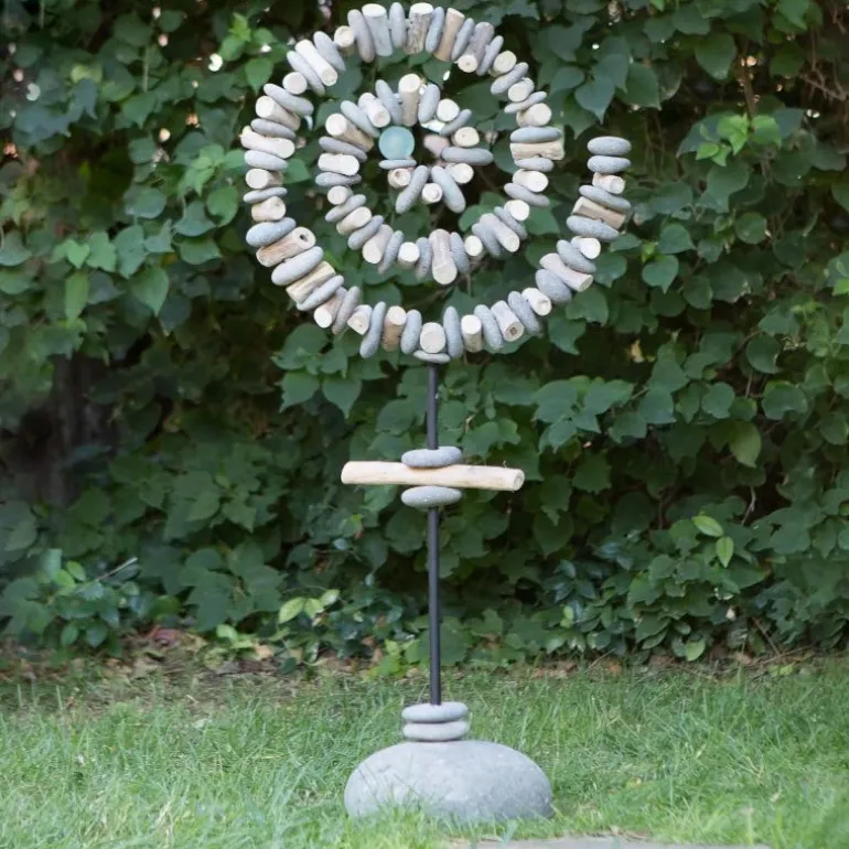 Stone Spiral Garden Sculpture with Glass Sphere