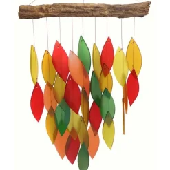 Sunset Colors Glass Leaves Wind Chime on Driftwood Stick