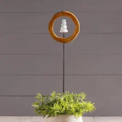 Teak Wood Encircled Glass and Rock Cairn Garden Stake
