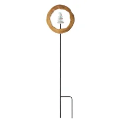 Teak Wood Encircled Glass and Rock Cairn Garden Stake