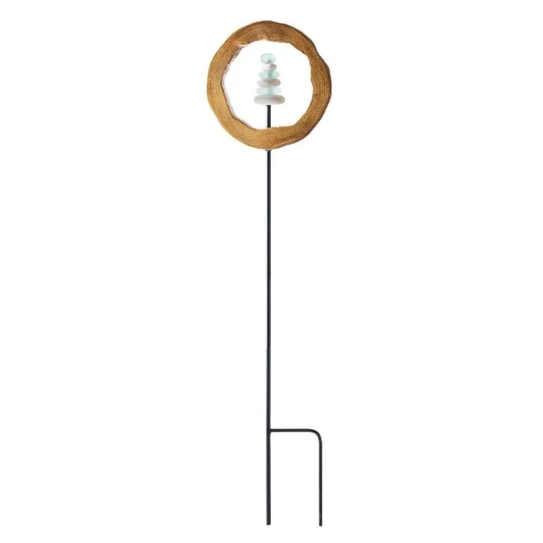 Teak Wood Encircled Glass and Rock Cairn Garden Stake