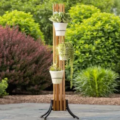 Teak Wood Garden Tower Indoor/Outdoor Plant Stand, 3 Rings