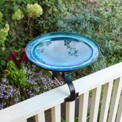 12" Teal Crackle Glass Bird Bath with Railing Mount