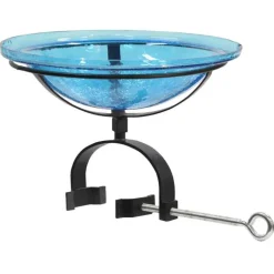 12" Teal Crackle Glass Bird Bath with Railing Mount
