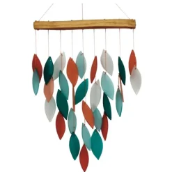 Teal Glass Leaves Wind Chime on Driftwood Chime