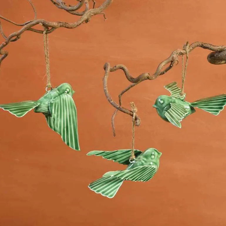 Tilda Ceramic Hanging Birds, Set of 3 - Green