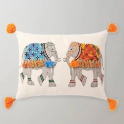 Two Elephants Fringed Accent Pillow