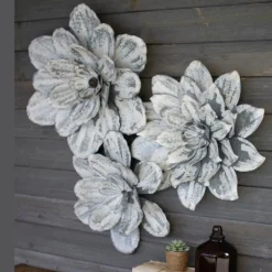 Whitewashed Metal Wall Flowers, Set of 3