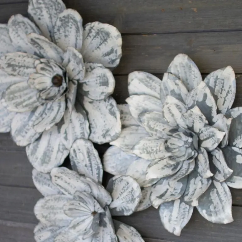 Whitewashed Metal Wall Flowers, Set of 3
