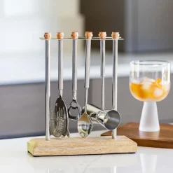 Wood and Stainless Steel Bar Set with Stand
