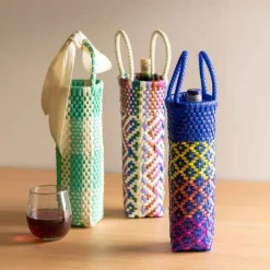 Woven Recycled Plastic Wine Tote - Blue Diamonds