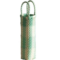 Woven Recycled Plastic Wine Tote - Turquoise Checks