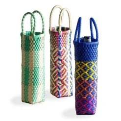Woven Recycled Plastic Wine Tote - Turquoise Checks